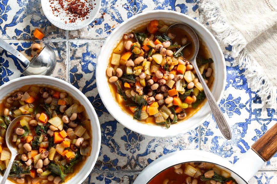 Ikarian black-eyed pea soup with wilted greens