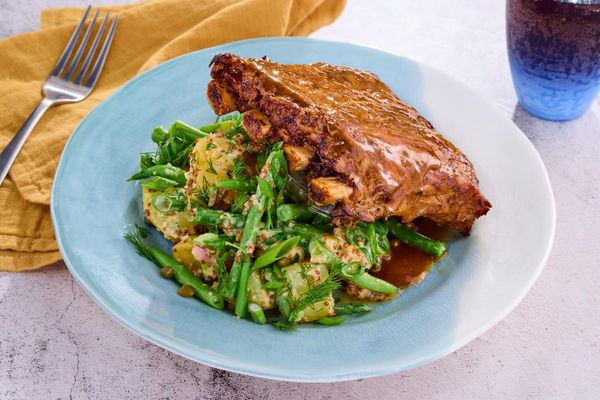 BBQ-glazed ribs with warm potato and green bean salad