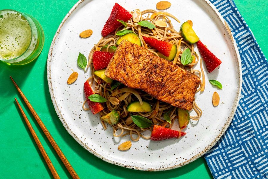 Five-spice king salmon and Vietnamese noodle salad with strawberries