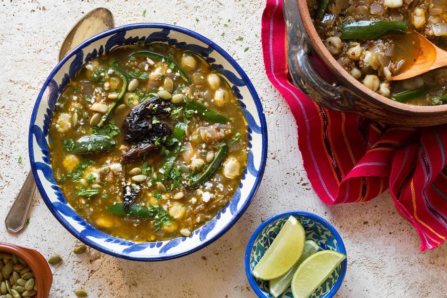 Spicy green chile pozole with quinoa