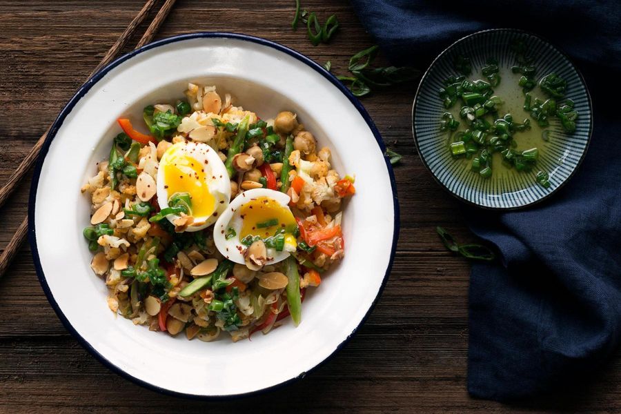 Chickpea and cauliflower fried rice with a soft cooked egg