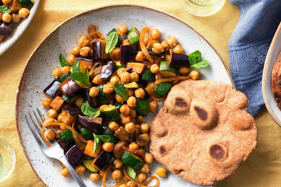 Eggplant and chickpea ratatouille with homemade whole wheat flatbreads