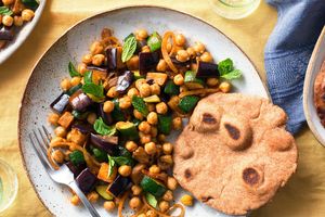 Eggplant and chickpea ratatouille with homemade whole wheat flatbreads