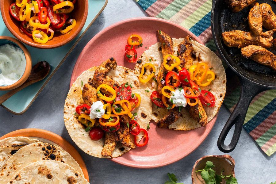 Tex-Mex chicken fajitas with sweet pepper–tomato salsa