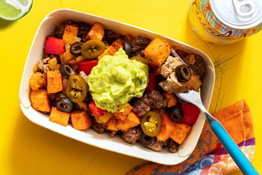 Spicy Southwest beef and sweet potato skillet with guacamole
