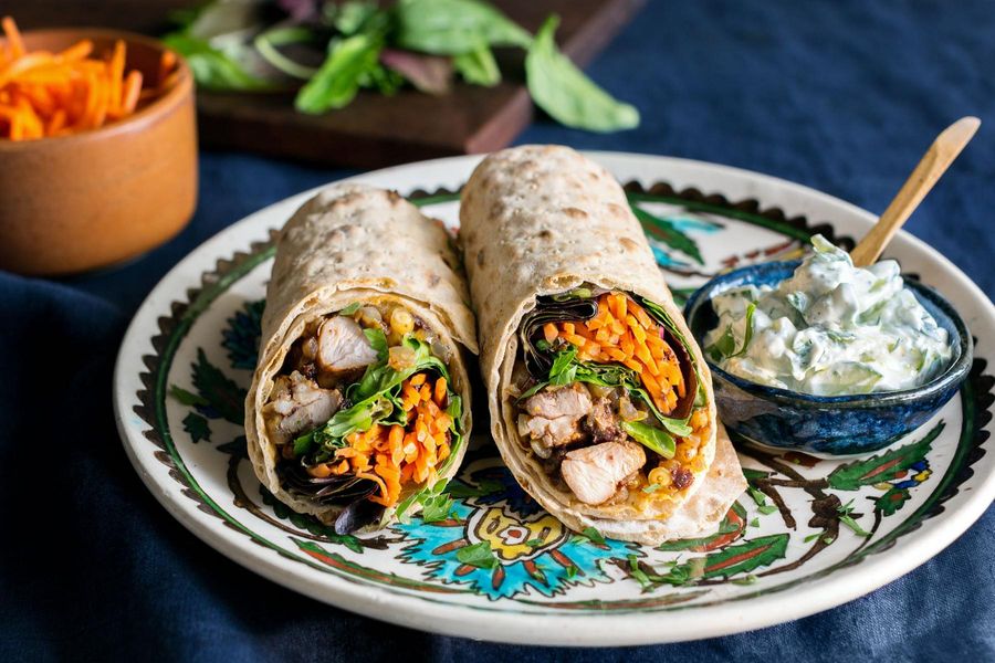 Musakhan chicken wraps with pickled carrots and yogurt sauce