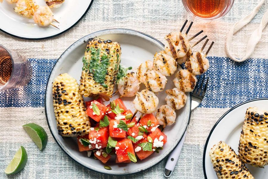 Grilled shrimp and corn with watermelon-feta salad