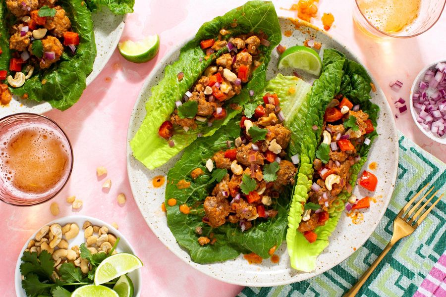 Thai lettuce cups with pork curry, crushed cashews, and bell pepper