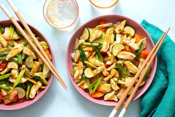 Ginger steak stir-fry with steamed cabbage, zucchini, and carrot
