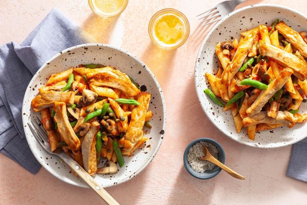 Spicy shrimp penne arrabbiata with mushrooms and green beans