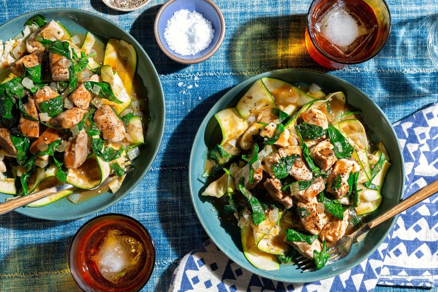 Stroganoff and spinach over zucchini “noodles”