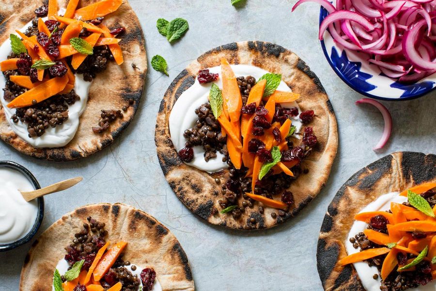 North African black lentil pitas with carrot-cranberry salad