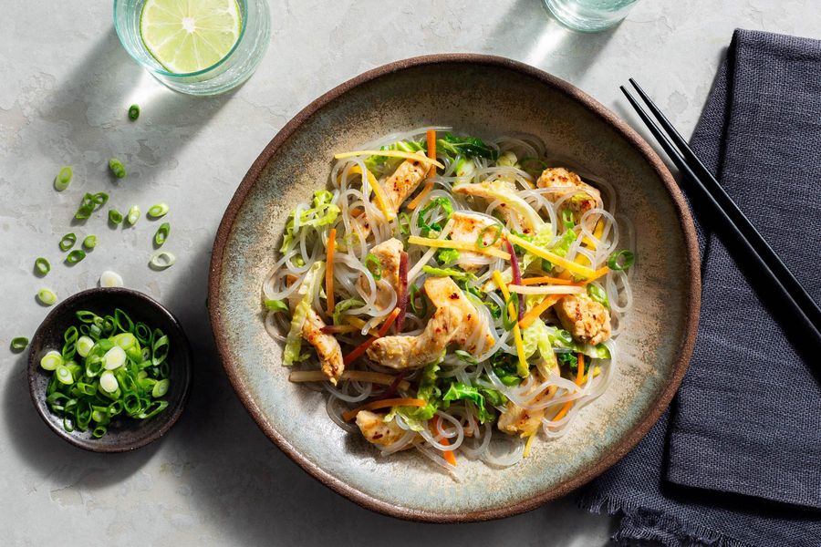 Korean glass noodle japchae with cabbage and carrots
