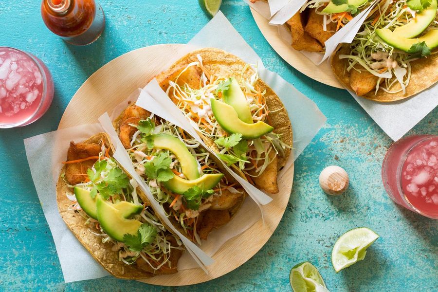 SoCal Fish Tacos with Zesty Lime Yogurt and Carrot-Cabbage Slaw image
