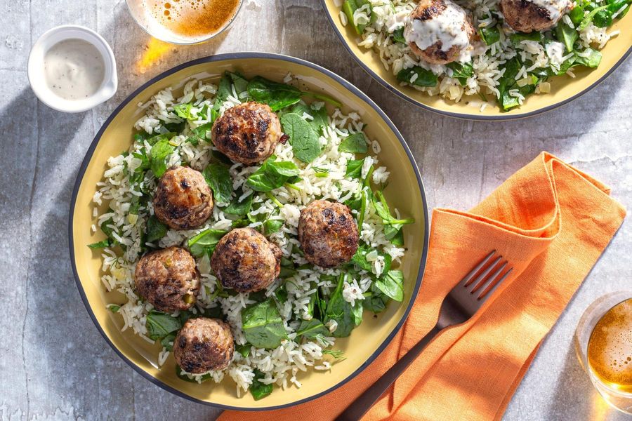 Greek meatballs with spanakorizo spinach rice and lemon-tahini yogurt