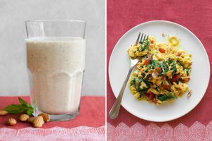 Almond-date shakes with cardamom and mint & Curried scrambled eggs with tomatoes and spinach