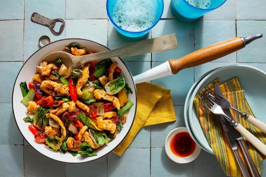 Stir-fry with sweet peppers, tomato, and baby bok choy