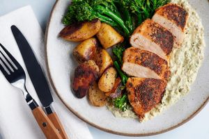 Creole-spiced chicken with baby broccoli and pistachio-lemon aioli