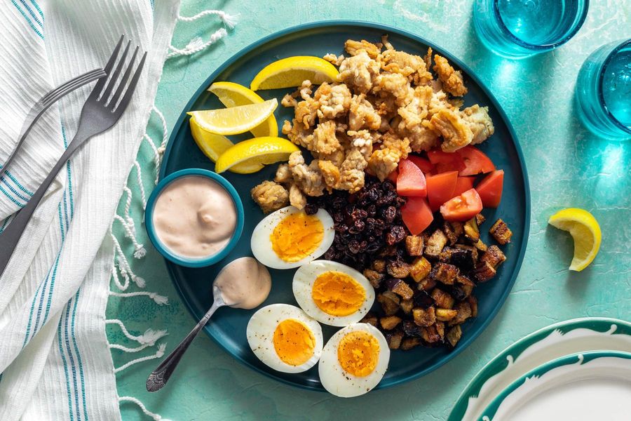 Mediterranean meze platter with eggplant and your choice of protein