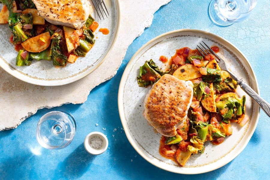 Pork chops with Corfu-style sweet potato bourdeto