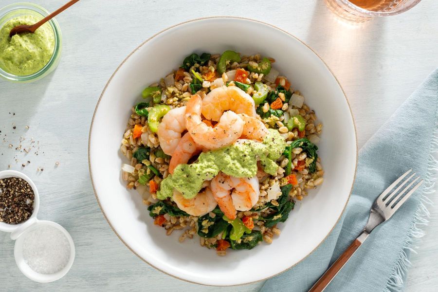 Farro bowls with spinach and tahini goddess dressing