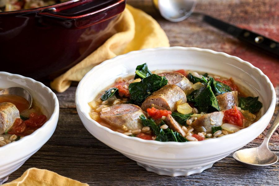 Farro bowls with Italian sausage and kale