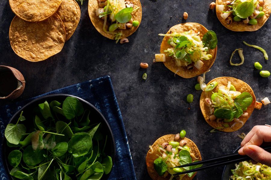 Black-eyed pea tostadas with watercress salad and shichimi cabbage