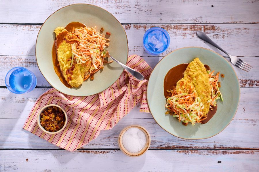 Pan-fried tilapia with apple BBQ sauce and carrot-raisin slaw