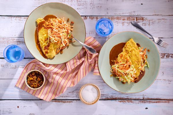 Pan-fried tilapia with apple BBQ sauce and carrot-raisin slaw