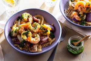 Roasted shrimp and eggplant with mint couscous and spicy green harissa
