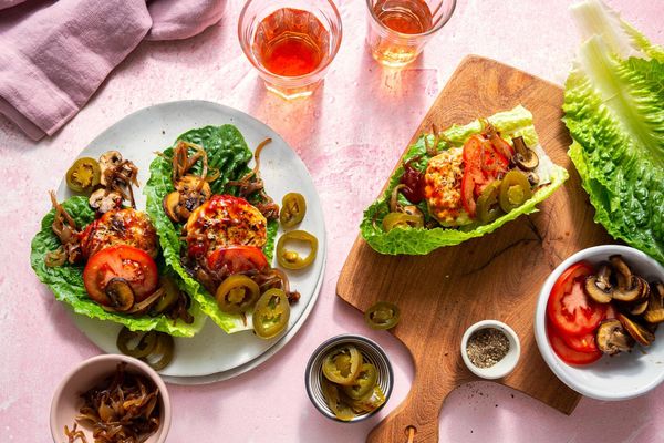 Lettuce-wrapped turkey “sliders” with BBQ glaze and caramelized onions