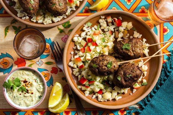 Masala turkey kebabs with cauliflower “rice” and cashew chutney