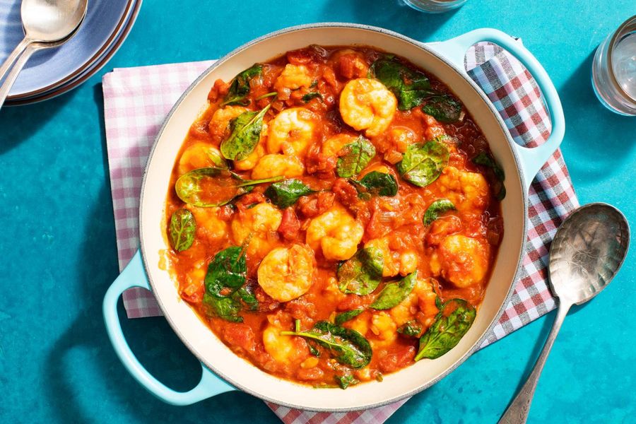 Shrimp cioppino with fire-roasted tomatoes and baby spinach