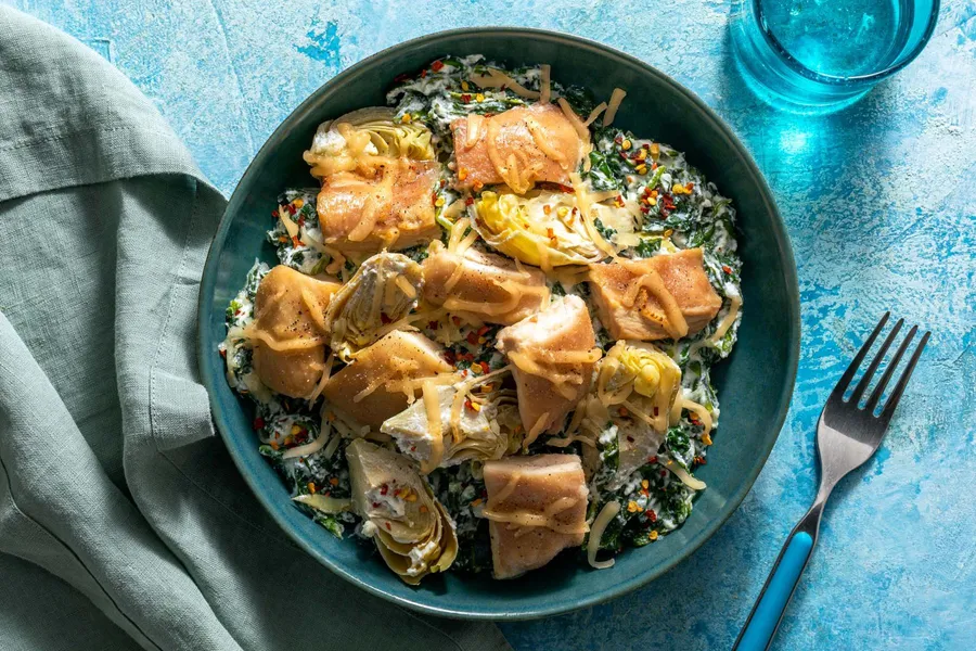 Chicken ricotta bake with spinach, artichoke hearts, and mozzarella