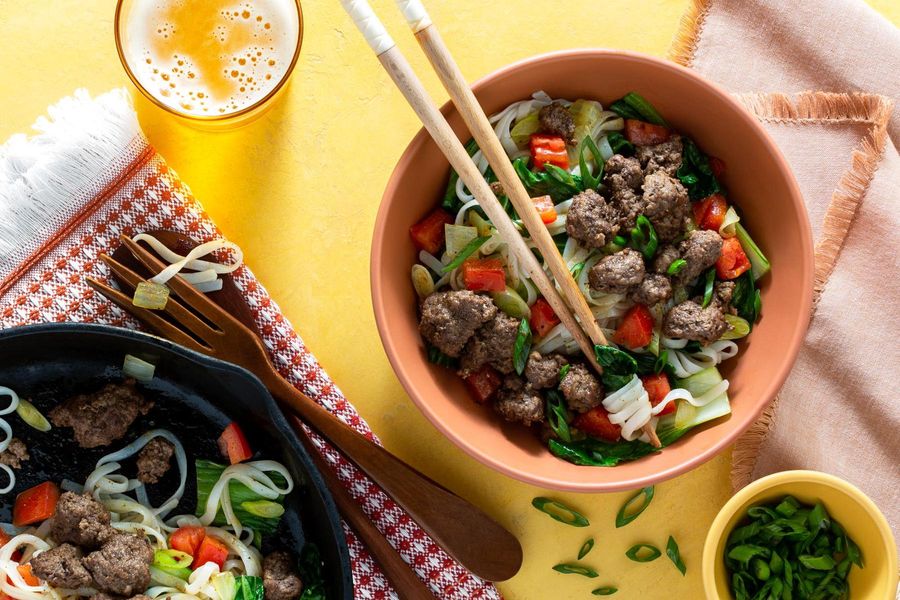 Burmese Shan noodles with tomatoes, scallions, and baby bok choy