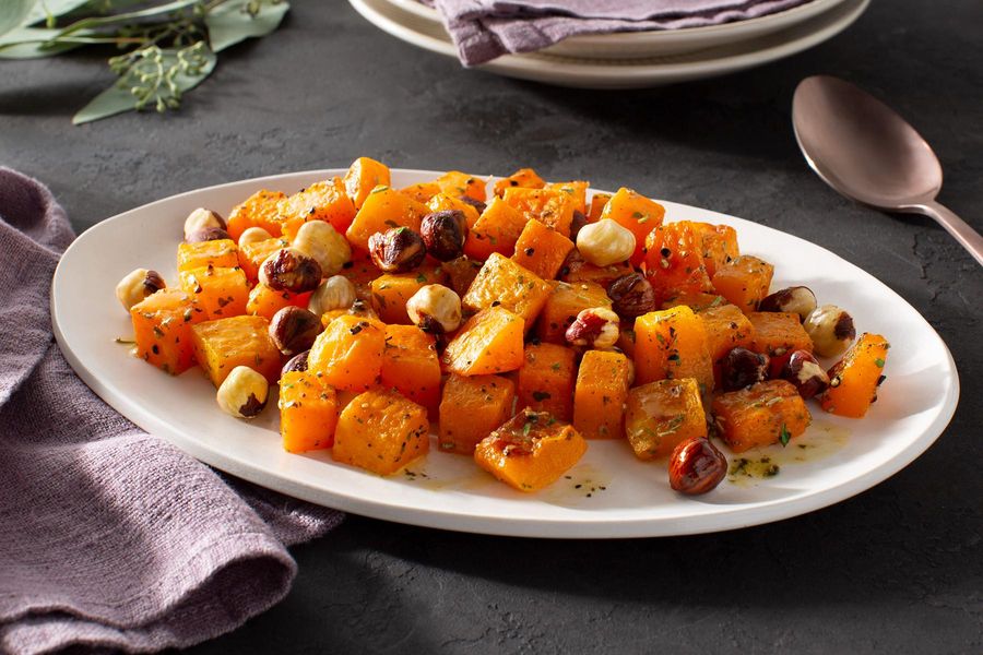 Roasted butternut squash with hazelnuts and rosemary-honey butter