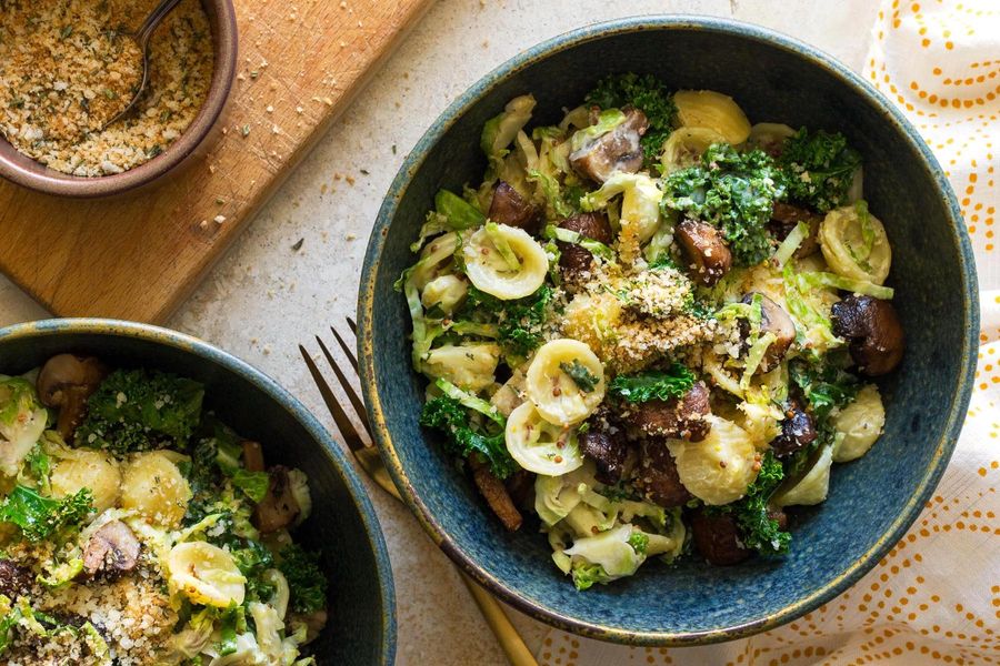 Brussels sprout and mushroom orecchiette with creamy mustard sauce