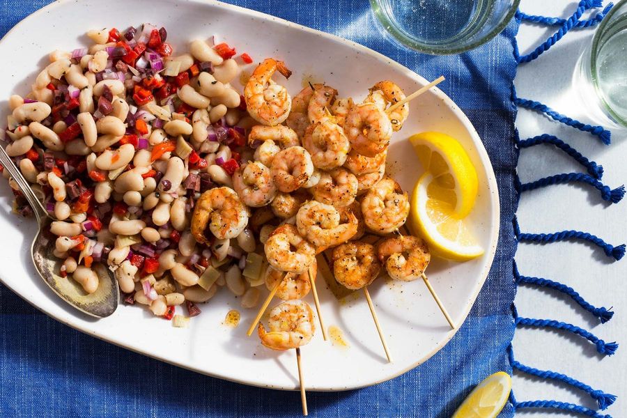 Speedy Greek shrimp skewers with white bean–artichoke salad