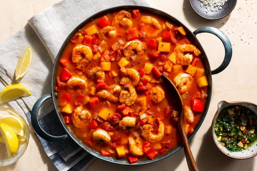 One-pot Catalan shrimp zarzuela with almond-parsley picada