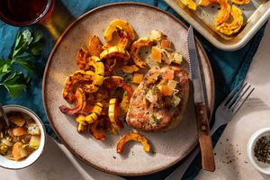Roast pork chops and delicata squash with pear-date chutney