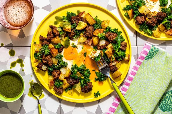 Turkey hash with kale, eggs, and spicy green harissa