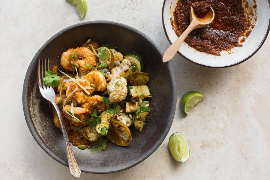 Cuban shrimp mojo with lime-roasted vegetables