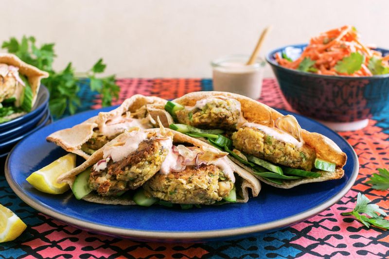 Falafel pita pockets and carrot salad with lemon-yogurt sauce | Sunbasket