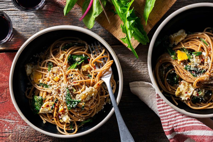 Fresh Whole Wheat Spaghetti with Wilted Greens and Fried Eggs Sunbasket