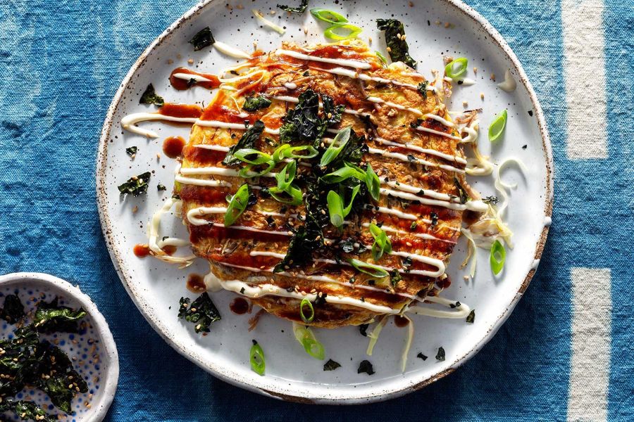 Okonomiyaki savory pancakes with sesame kale chips