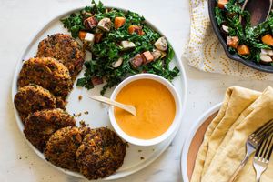 Quinoa and kale fritters with sweet potato–mushroom hash