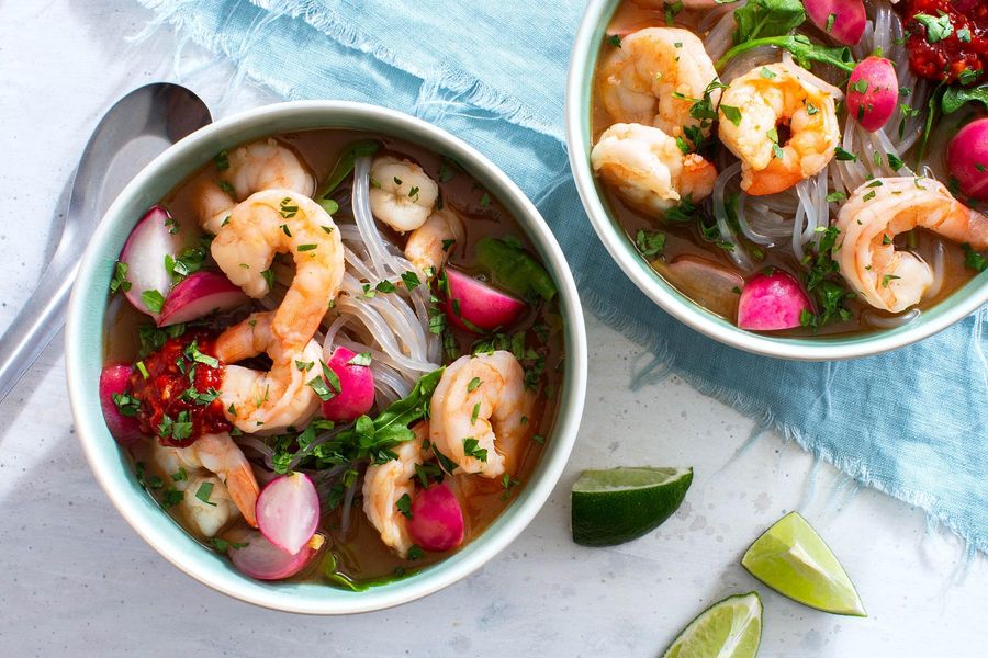 Vietnamese glass noodle soup with shrimp and lime