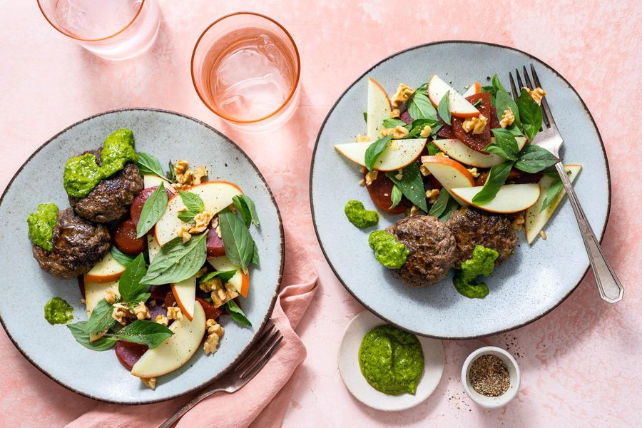 Seven-spice burger patties with beet salad and spicy green harissa