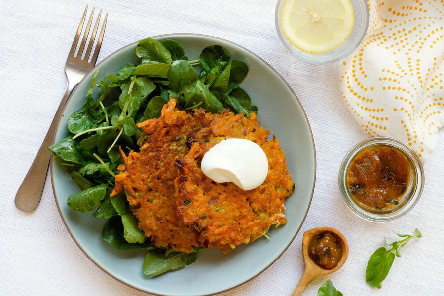 Sweet potato fritters with nectarine-masala chutney