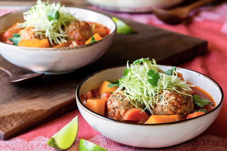 Mexican meatball soup with butternut squash and cilantro